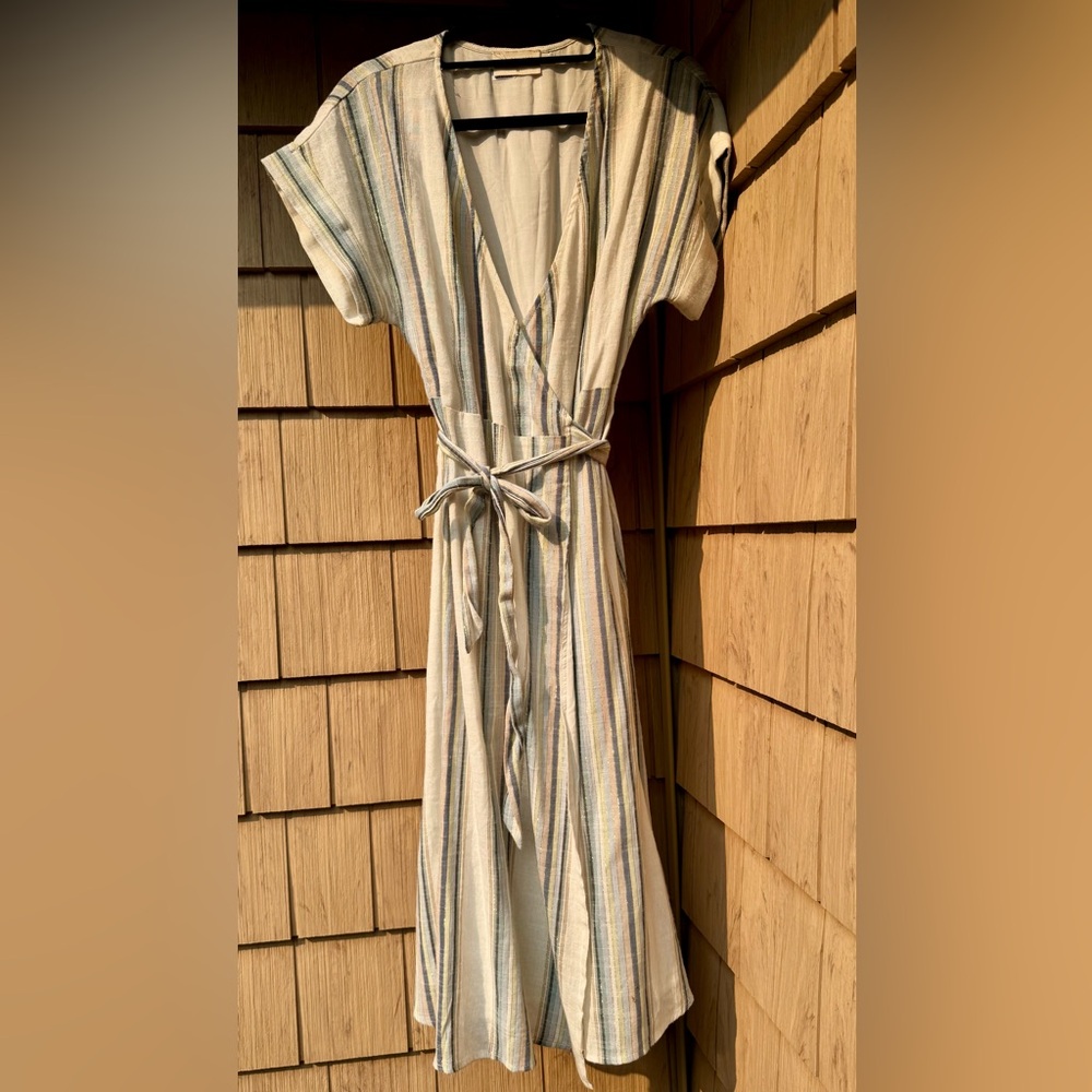 SUMMER MARKDOWN London Rose Pastel Striped Wrap Dress with Subtle Gold Thread